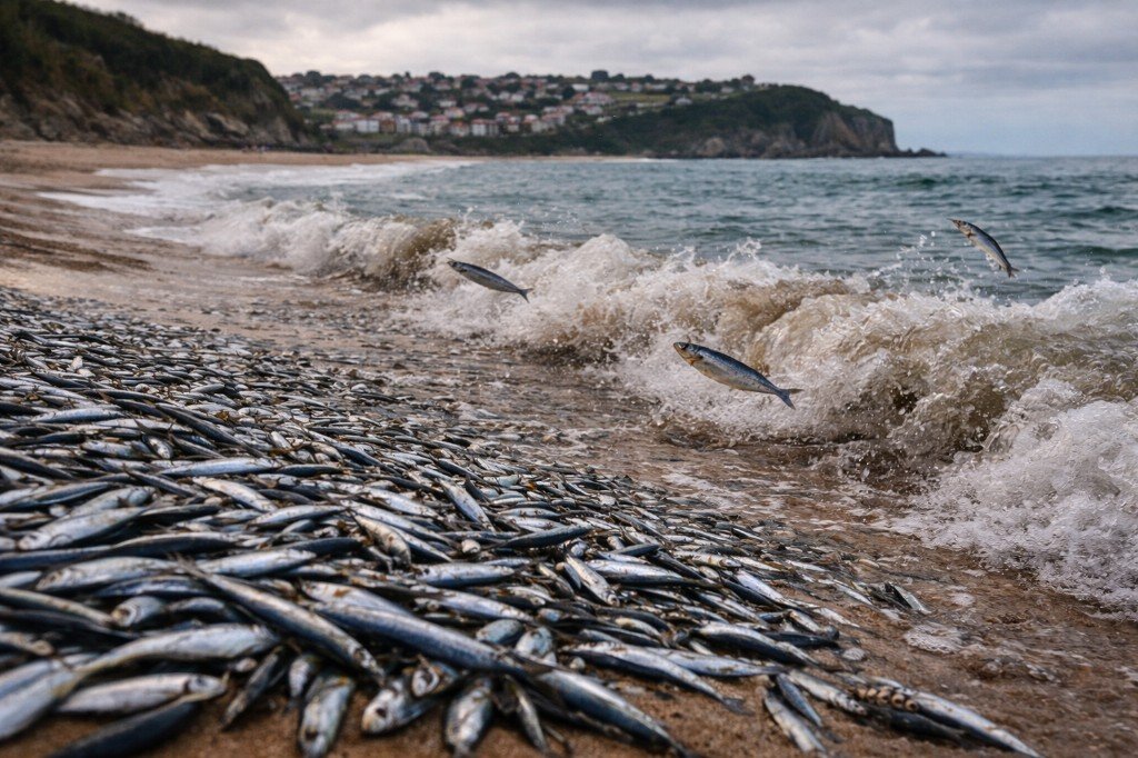 Anchoas y bocarte en playa cántabra, peces saltando entre las olas durante la costera 2026