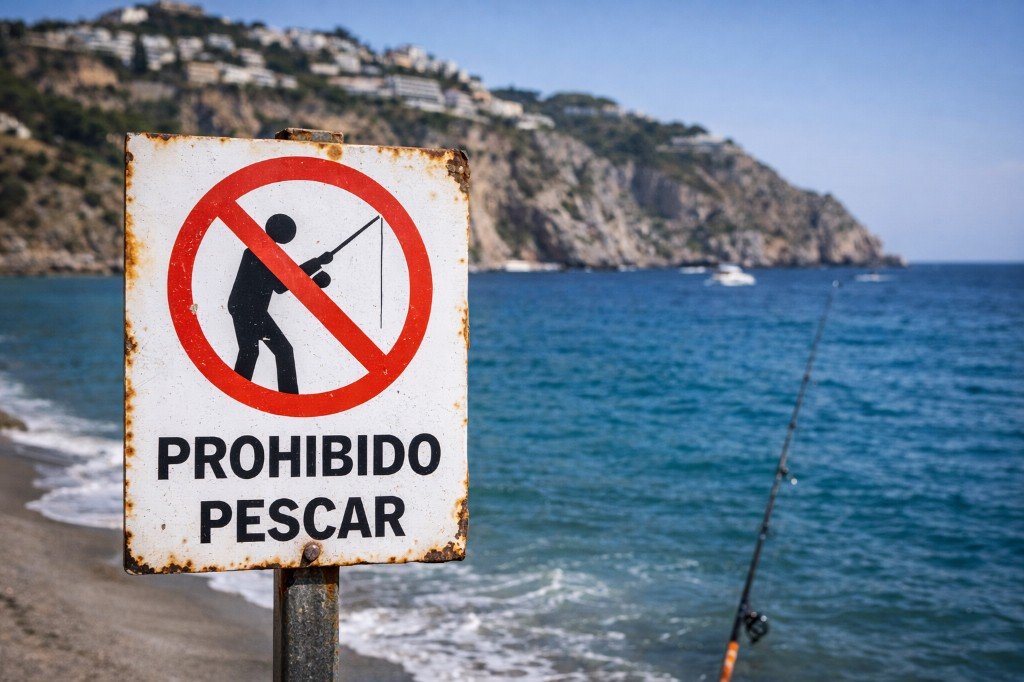 Prohibido pescar Punta de la Mona: cartel y caña en playa de Almuñécar — pesca deportiva ZEC