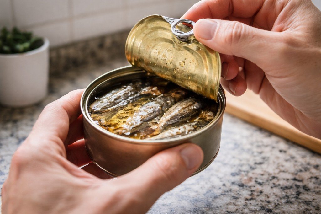 Lata de pescado en conserva abierta con filetes alineados en aceite, sostenida por dos manos sobre una encimera.